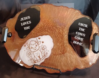 Serving tray with metal handles - Brown, black and white - Jesus Loves You - Cute Cow