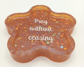 Flower coaster/trinket tray - copper/pink shimmer with chunky glitter - Pray without ceasing