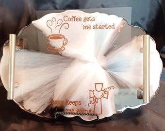 Serving tray with metal handles - Brown, black, and white - Coffee & Jesus
