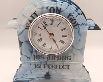 Desk clock - White, blue and black - Wait on God His Timing is Perfect