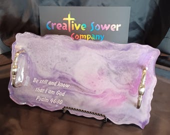Serving tray with metal handles - Purple, pink, white, and silver glitter - medium size - Psalm 46:10 Bible verse