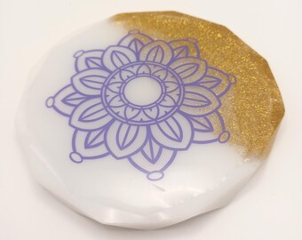 Diamond edge coaster - White & gold flitter - mandala decoration