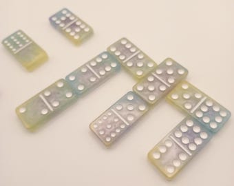 Dominoes (double 12s) - Purple, blue and yellow swirled with white dots