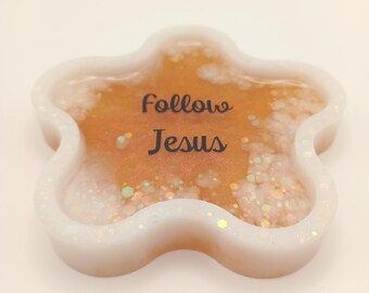 Flower coaster/trinket tray - White & copper with chunky glitter - Follow Jesus