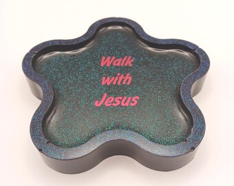 Flower coaster/trinket tray - Black with blue glitter - Walk with Jesus