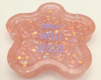 Flower coaster/trinket tray - Pink with chunky glitter - Walk with Jesus