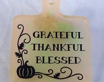Square mini cutting board - Glow in the dark orange and green - Grateful thankful blessed