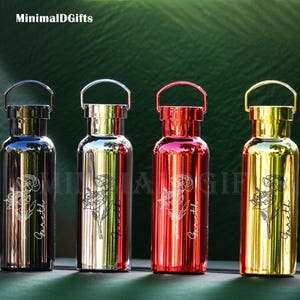 Termo de acero inoxidable galvanizado personalizado, botella de agua deportiva portátil, taza de agua para coche, taza de ciclismo con nombre de flor de cumpleaños