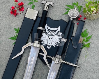 Handmade Witcher Style Sword Pair with Scabbard 40" & 42" – Fantasy Wolf Wall Display Set – Decorative Collector Gift –  Home Decor