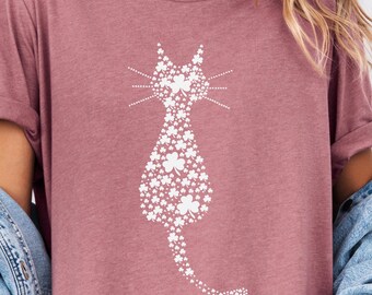 Floral Cat Silhouette Shirt, Cute Cat Lover Gift Tee, Minimal Cat Design, , Gift for Her, Cat Mom Shirt Gift, Cute Cat Shirts, A2507080