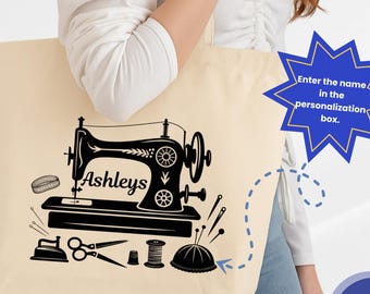 Personalized Sewing Machine Cotton Canvas Tote Bag, Vintage Sewing Machine Tote Bag, Sewing Supplies Tote, Sewing Project Tote Bag, A050