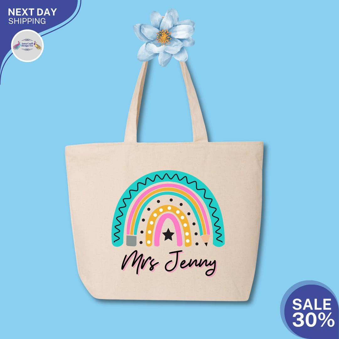 Personalized Teacher Tote Bag With Rainbow Design, Custom Name Canvas ...