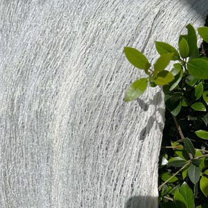 May include: Close-up of a white, textured fabric. The fabric has a loose weave, creating a semi-transparent effect. The texture appears soft and slightly crinkled. Green leaves are visible in the background, adding a natural contrast to the white material.