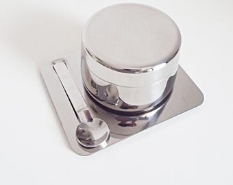 Vintage 80s'GB Guido Bergna Sugar Bowl with Saucer Spoon: Stainless Steel Italy