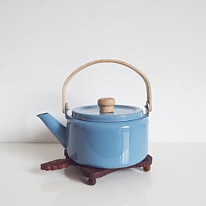 Blue metal kettle, Scandinavian Nordic style, vintage teapot, minimal coffeepot, kitchen kitchenware cookware, coffee bar decor