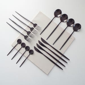 Vintage &#39;70s style flatware, 16 pc black stainless cutlery set, forks spoons knives and tea spoons, minimal modern kitchenware dinnerware
