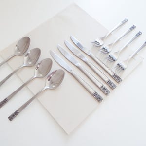 Vintage &#39;60s flatware, 12 pc stainless cutlery set, forks spoons knives, Mid Century style, MCM kitchenware, retro 1960s dinnerware