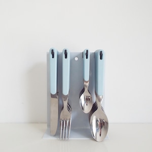 Vintage cutlery, 24 pc flatware, Abert Italy, knives spoons forks and small spoons, stainless steel and white handles, 1980 Italian design