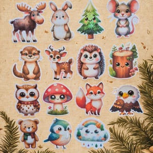 Collection d'autocollants d'animaux des bois de la forêt kawaii, pastel mignon journal amusant journal intime autocollants pour ordinateur portable sticker scrapbook renard ours lapin
