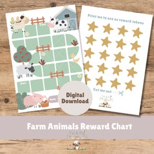 May include: A printable farm animal reward chart featuring a green path with illustrations of a pig, sheep, cow, and horse, alongside a separate sheet of gold stars. The text includes "Start," "Finish," "Name," and "Print me to use as reward tokens."