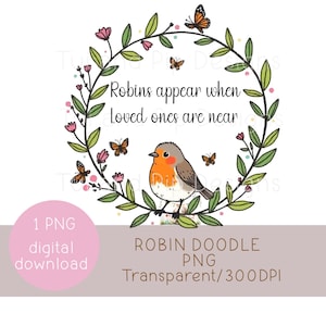 May include: A digital download graphic featuring a robin surrounded by a green and pink floral wreath with butterflies. The text reads "Robins appear when loved ones are near." A pink circle indicates a 1 PNG digital download.