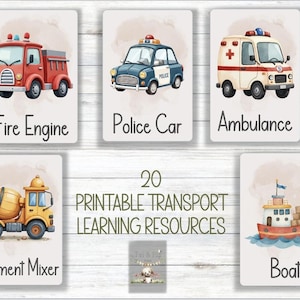 Transport flashcards school homeschool nursery education learning watercolour children kids reggio hygee tuff tray digital download resource