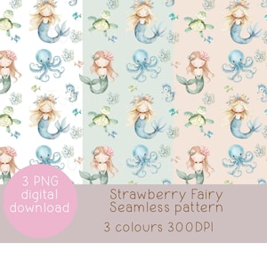 Zeemeermin onderwater naadloos patroon | Digitaal aquarelpapier | PNG | 300 dpi | 3 kleuren | Direct downloaden