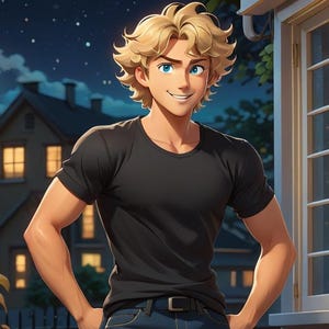 May include: A young man with blond hair and blue eyes smiles at the camera. He is wearing a black t-shirt and blue jeans. He is standing in front of a house with a window.
