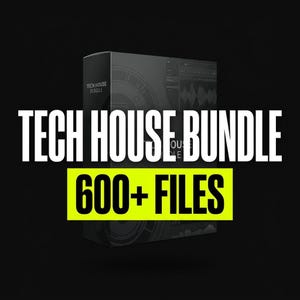 Può includere: Una scatola software rettangolare nera con il testo TECH HOUSE BUNDLE in bianco e un'etichetta rettangolare giallo brillante con il testo nero 600+ FILES. La scatola presenta un design grafico circolare scuro e un'interfaccia audio digitale.
