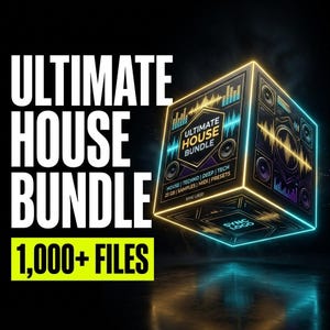 May include: A digital product graphic featuring a glowing cube with the text ULTIMATE HOUSE BUNDLE, HOUSE | TECHNO | DEEP | TECH, 25 GB | SAMPLES | MIDI | PRESETS, and SYNC LOGO. Large white text reads ULTIMATE HOUSE BUNDLE and 1,000+ FILES in yellow.