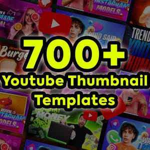 Puede incluir: Un collage de plantillas de miniaturas de YouTube con un texto "700+" en amarillo brillante. Las miniaturas presentan varios temas, incluyendo "Homemade Facial", "Instagram Models" y "Trending YouTube". Botones de reproducción de YouTube rojos están dispersos.