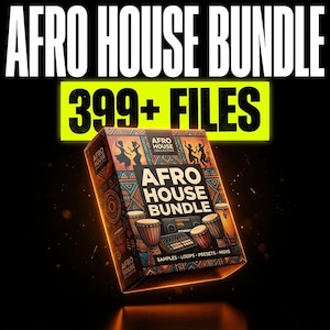 May include: A rectangular box labeled Afro House Bundle with 399+ files, featuring illustrations of djembe drums, a music production controller, and geometric patterns in orange, blue, and black. The text Afro House Collective is visible.