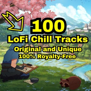 Puede incluir: Ilustración con el texto "100 LoFi Chill Tracks Original y Único 100% libre de regalías". La imagen presenta una persona dibujando, un mapache y un fondo escénico con un castillo y montañas.