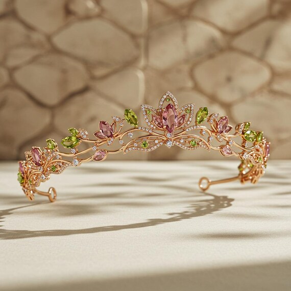 Rose Gold Floral Bridal Tiara: Pink & Green Crystal Wedding  display picture 1