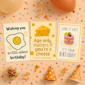Conjunto de 3 cartões de aniversário para imprimir | Cartões de felicitações digitais divertidos e coloridos | Download instantâneo | Pacote de cartões de aniversário para imprimir