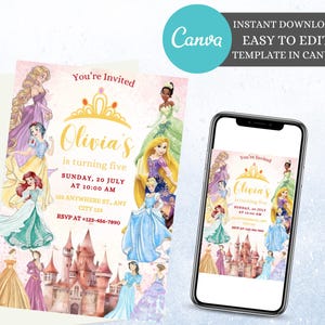 Editable Princess Birthday Invitation - Printable 5x7 Digital Download