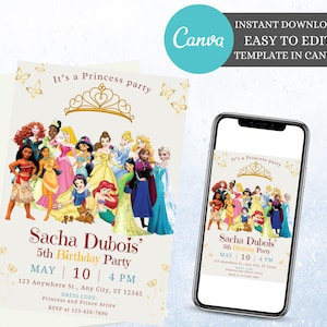 Editable Princess Invitation, Royal Princess 5th Birthday Invite, Girl Princess Theme 5th Birthday, Princess Party Invite Digital Download