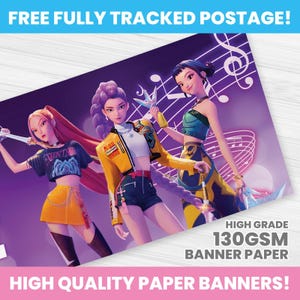 May include: A high-quality paper banner featuring three stylized female figures in fashionable outfits against a purple background with musical notes. The banner has text that reads "HIGH GRADE 130GSM BANNER PAPER" and "HIGH QUALITY PAPER BANNERS!"