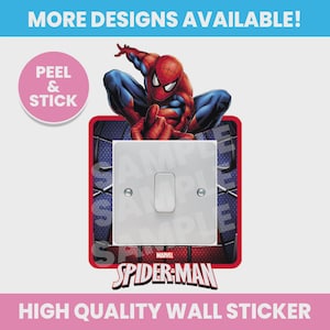 May include: A Spider-Man themed wall sticker designed to fit around a light switch. The sticker features the superhero in a dynamic pose, with the Marvel logo and the words "HIGH QUALITY WALL STICKER". The sticker is red, blue, and white.