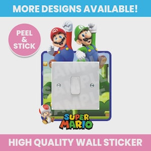 May include: A Super Mario Bros. wall sticker featuring Mario and Luigi characters, with the text "Super Mario" in a colorful font. The sticker is designed to fit around a light switch. The text "More Designs Available!" and "High Quality Wall Sticker" are also visible.