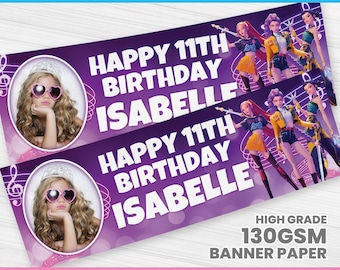 May include: Purple banner with the text "HAPPY 11TH BIRTHDAY ISABELLE" repeated twice. The banner features a photo of a girl wearing heart-shaped sunglasses and a tiara, and illustrations of animated characters. The banner is made of 130GSM banner paper.