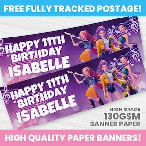 May include: Two purple banners with the text "HAPPY 11TH BIRTHDAY ISABELLE" and illustrations of animated characters. The banners also include the text "HIGH GRADE 130GSM BANNER PAPER" and "HIGH QUALITY PAPER BANNERS!"