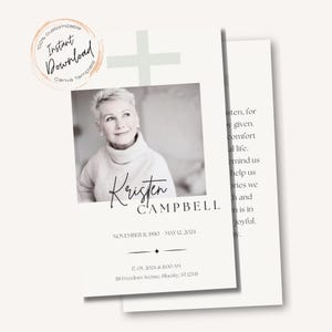 Modèle de Carte de prière funéraire, minimaliste, moderne avec une croix chrétienne, souvenir funéraire