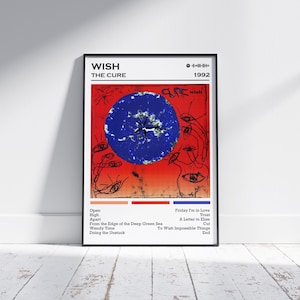 May include: A framed poster featuring the album art for "Wish" by The Cure. The artwork includes a blue circle on a red background with abstract eye-like shapes. The poster includes the album title, band name, and tracklist.