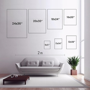 May include: A diagram showing different sizes of picture frames on a white wall. The frames are labeled with their dimensions in inches. The largest frame is 24 inches by 36 inches, and the smallest frame is 9 inches by 11 inches. The frames are arranged in a staggered pattern, with the larger frames at the top and the smaller frames at the bottom. The wall is painted white, and the frames are black.