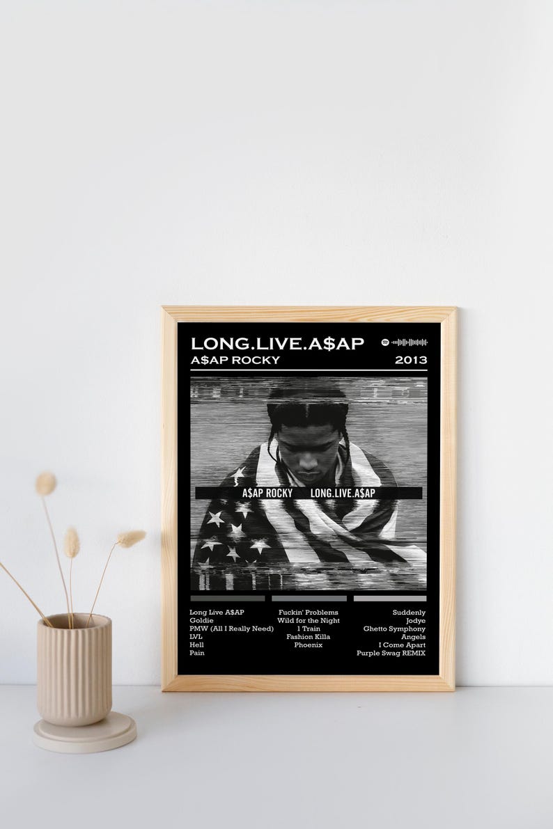 May include: A black and white album cover with a portrait of A$AP Rocky, the title "LONG.LIVE.A$AP" and the artist's name "A$AP ROCKY" in white text. The album cover features a black and white image of A$AP Rocky wrapped in an American flag with a glitched effect. The album cover also includes a list of the songs on the album: "Long Live ASAP", "Goldie", "PMW (All I Really Need)", "LVL", "Hell", "Pain", "Fuckin' Problems", "Wild for the Night", "1 Train", "Fashion Killa", "Phoenix", "Suddenly", "Jodye", "Ghetto Symphony", "Angels", "1 Come Apart", and "Purple Swag REMIX".