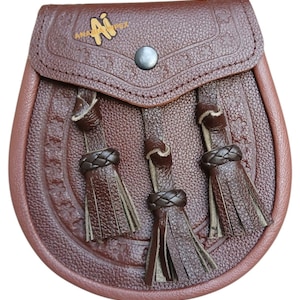 Scottish Men&#39;s Brown Leather Kilt Sporran Leather Sporran With 3 Brown Leather Tassels Wedding Men&#39;s Leather Sporran With Sporran Chain
