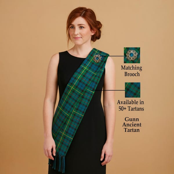 Traditional Highland Women's Tartan Sash Full Size Ladies Sash Width 11 x Length 90 Plaid Ladies Sash With Brooch Available in 50+ Tartans