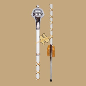 Drum Major Mace Stave & Stick Plain Chrome Head Ball Head Top Stick White Shaft With Golden Silk Cord 3 Parts Stick With Free Soft Case