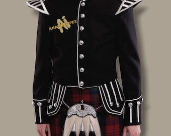Men's Scottish Black Wool Piper Doublet Jacket: Military Kilt Jacket